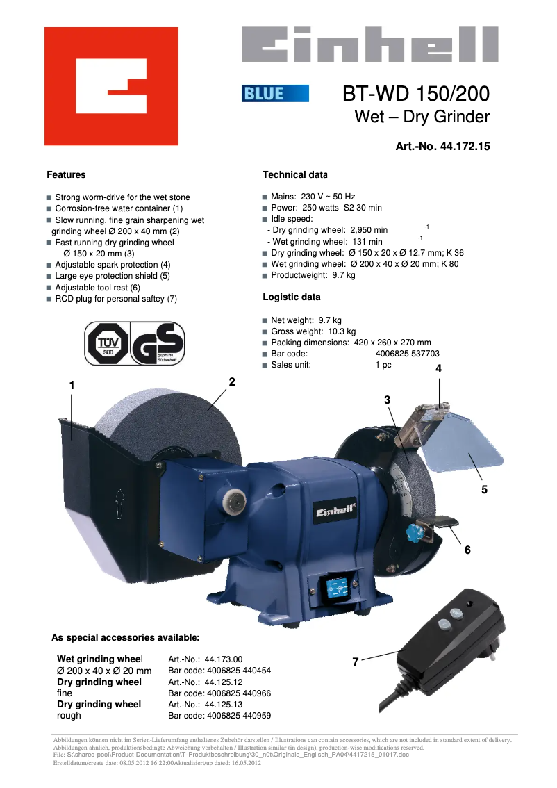 Page 1 de la notice Fiche technique Einhell BT-WD 150/200