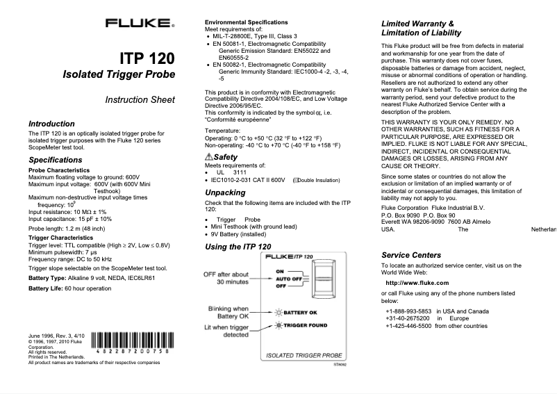 Page 1 de la notice Manuel utilisateur Fluke ITP120