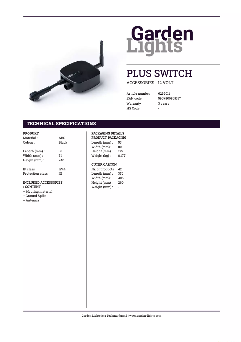Page 1 de la notice Fiche technique Garden Lights GL6269011