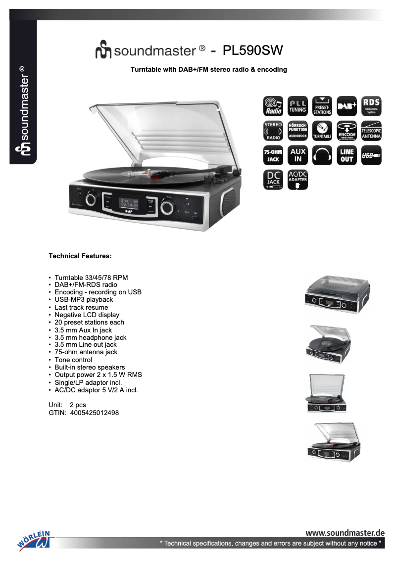 Page 1 de la notice Fiche technique Soundmaster PL590