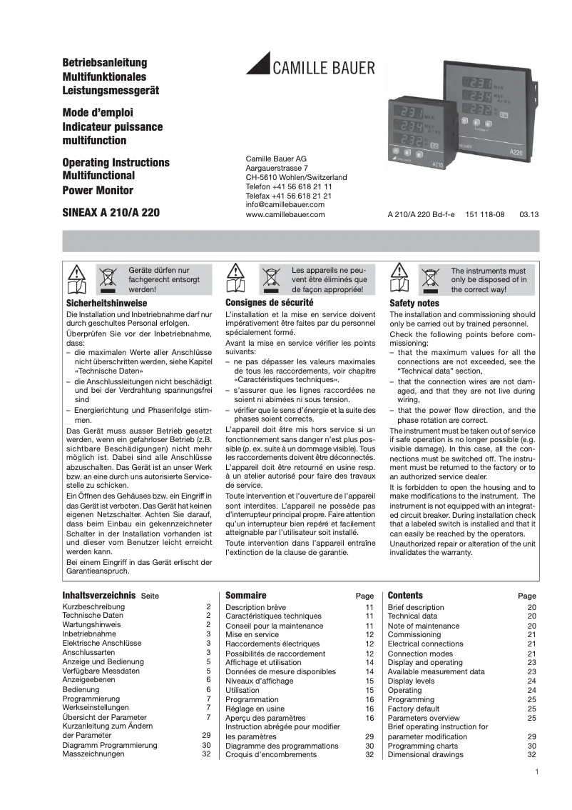 Page n°1 - Manuel utilisateur Camille Bauer Sineax A210