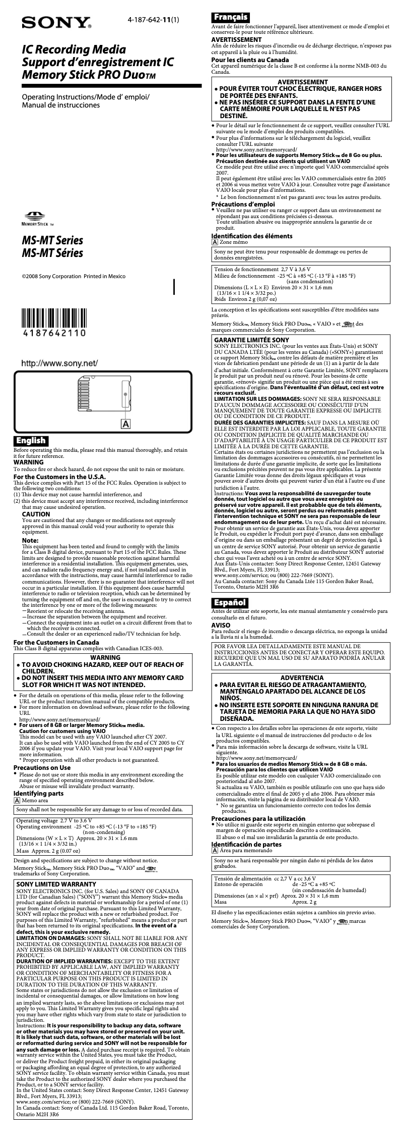 Page 1 de la notice Manuel utilisateur Sony MS-MT2G