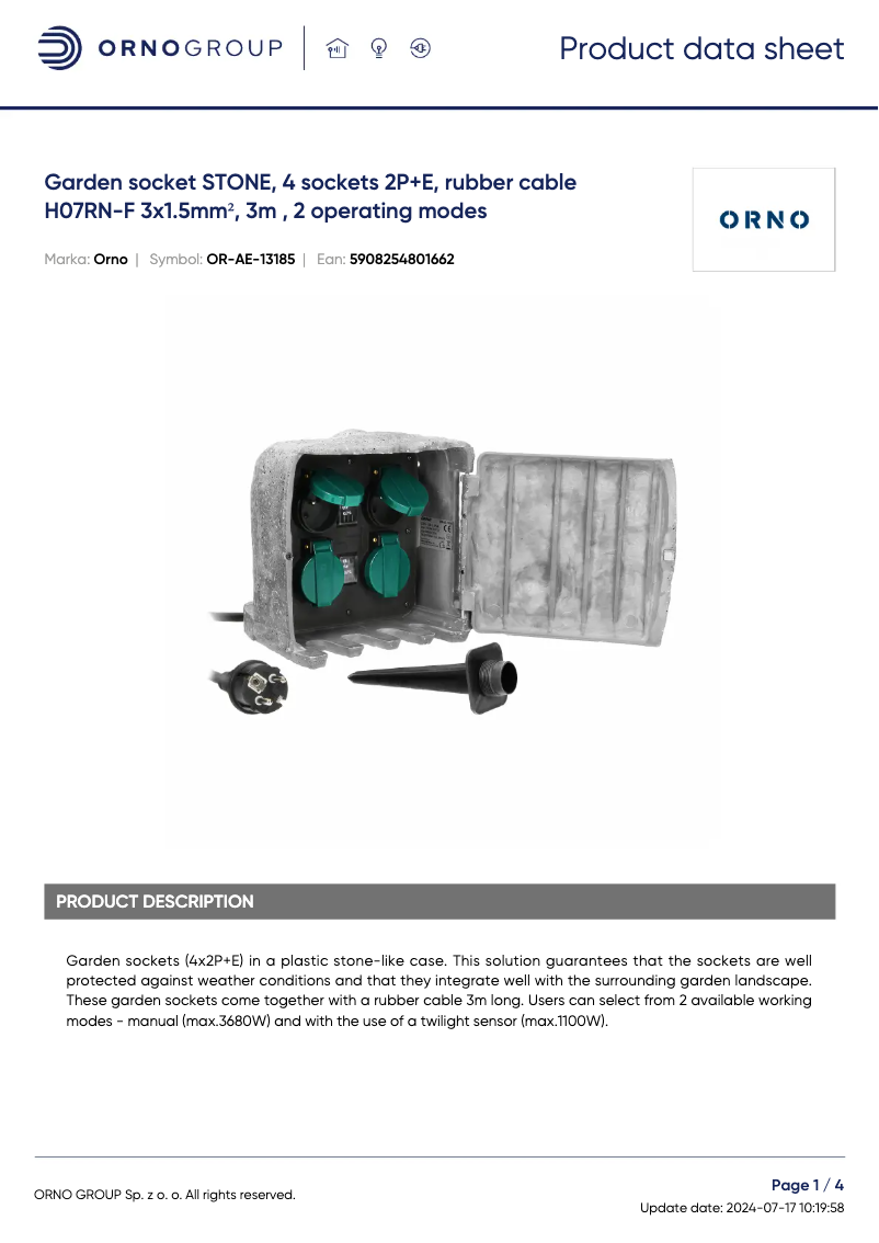 Page 1 de la notice Fiche technique ORNO OR-AE-13185