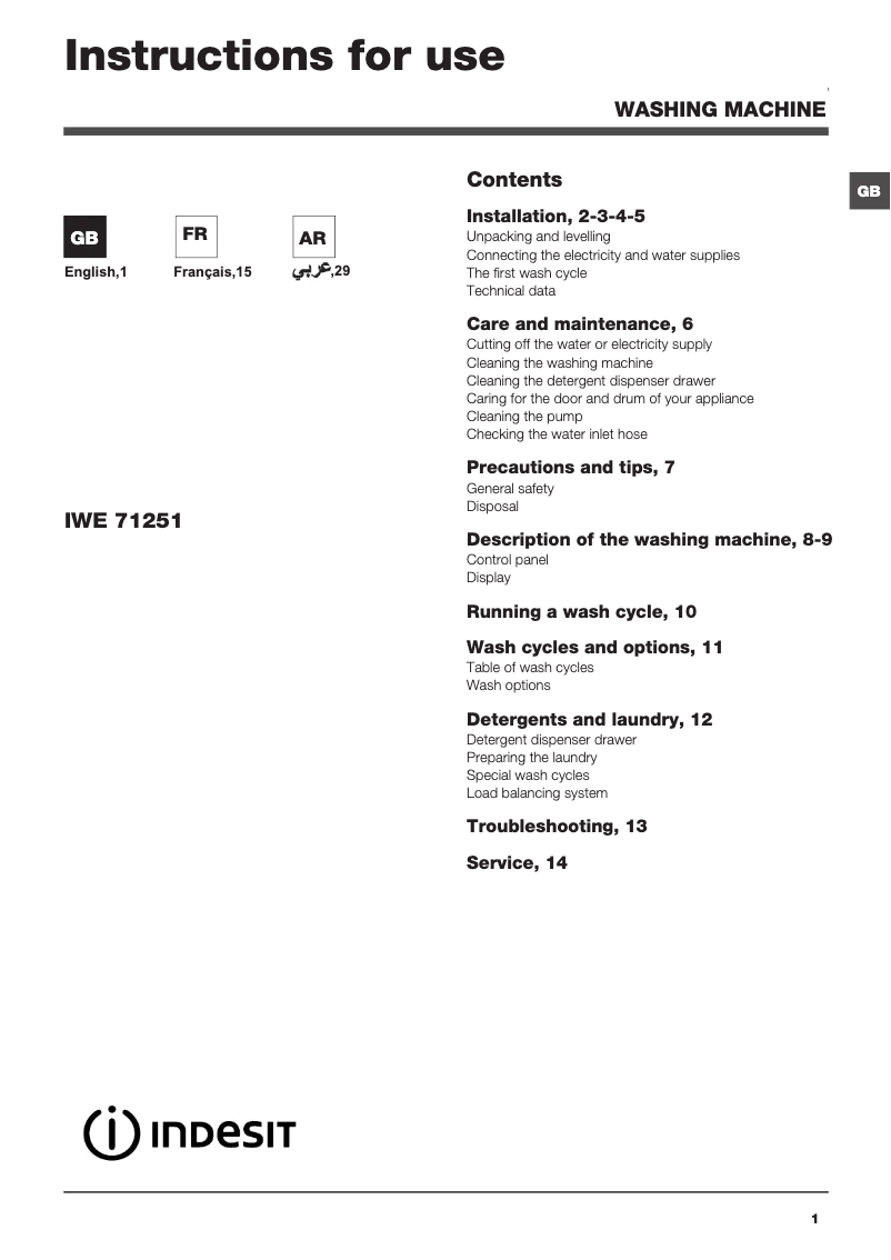 Page n°1 - Manuel utilisateur Indesit IWE 71251 C ECO GCC