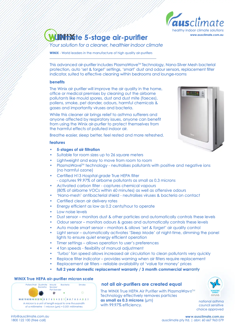 Page 1 de la notice Fiche technique Winix AUS-9500