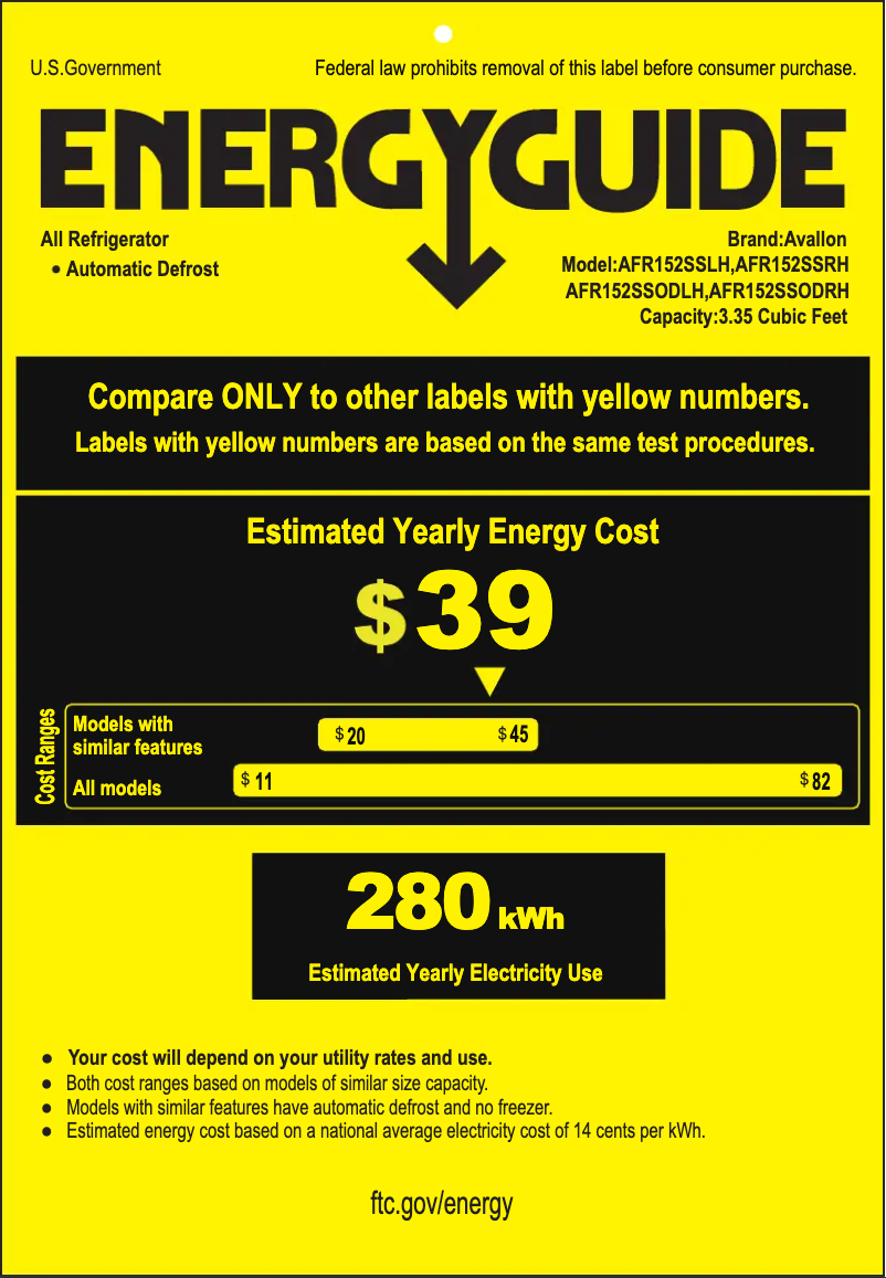 Page 1 de la notice Label énergétique Avallon AFR152SSODLH