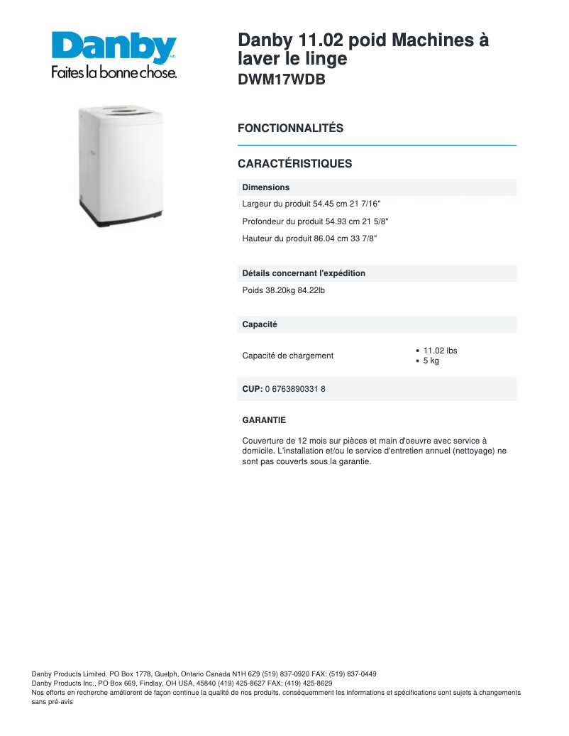 Page n°1 - Fiche technique Danby DWM17WDB