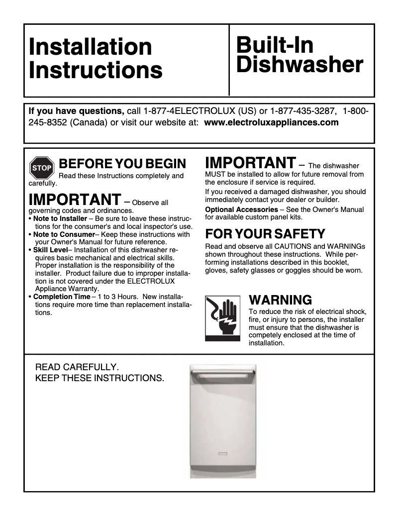 Page n°1 - Guide d'installation Electrolux EIDW1805K