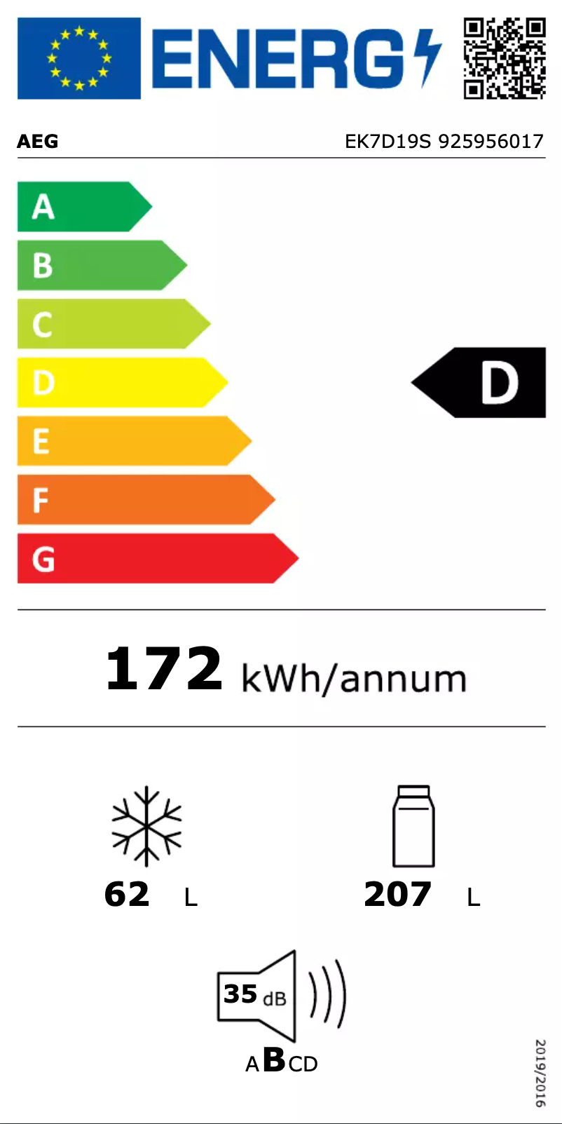 Page 1 de la notice Label énergétique AEG EK7D19S