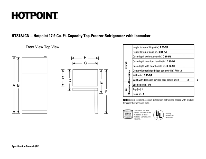 Page n°1 - Fiche technique Hotpoint HTS18JCNWW