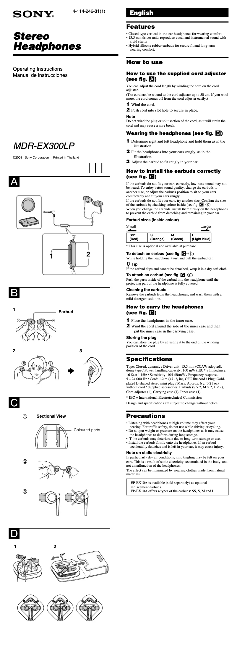 Page n°1 - Manuel utilisateur Sony MDR-EX300LP
