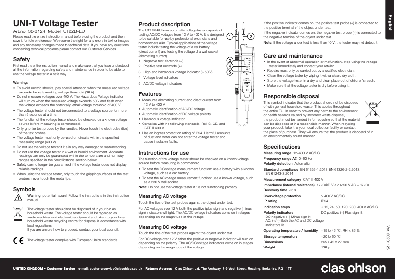 Page 1 de la notice Manuel utilisateur Uni-T UT22B-EU