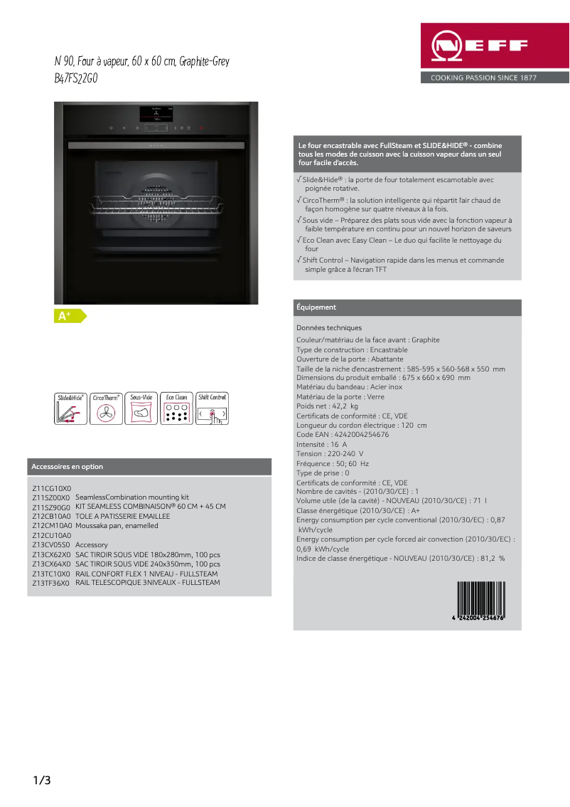 Page 1 de la notice Fiche technique Neff B47FS22G0