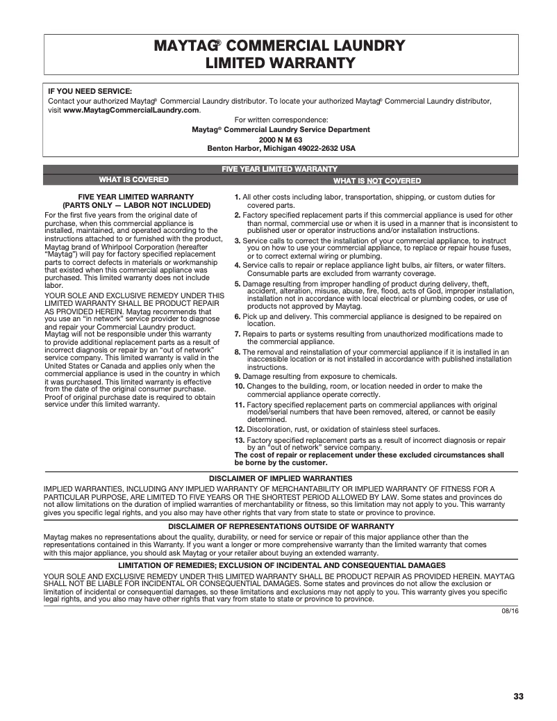 Page 1 de la notice Informations de garantie Maytag MDE20MNBYW