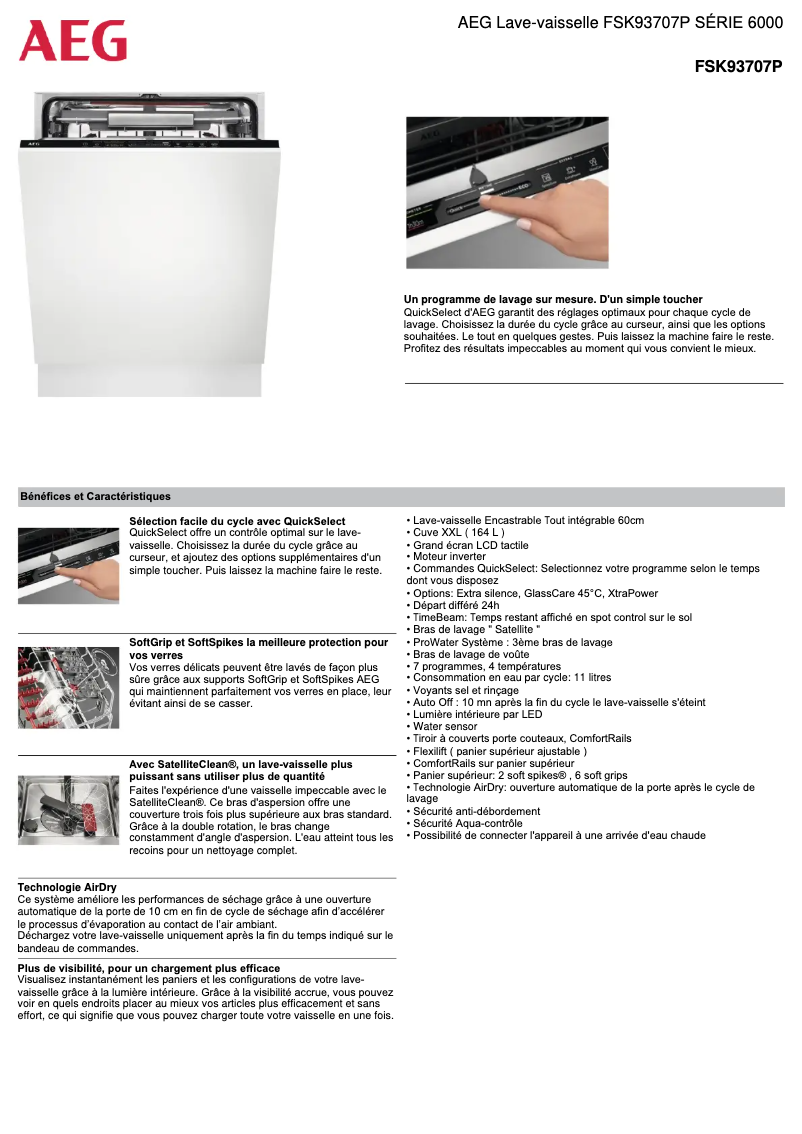 Page 1 de la notice Fiche technique AEG FSK93707P