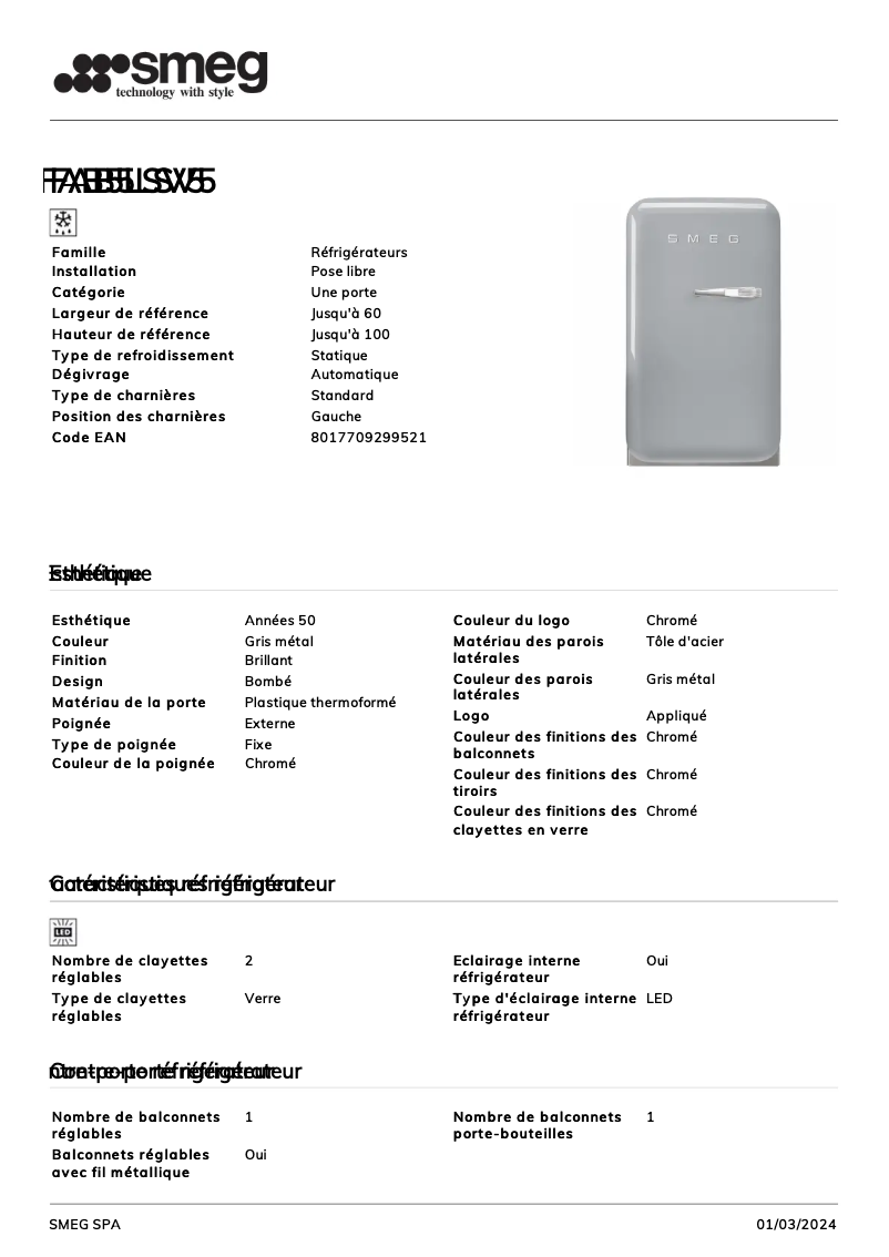 Page 1 de la notice Fiche technique Smeg FAB5LSV5