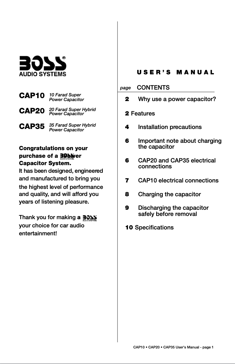 Page 1 of the manual User Manual Boss 10 Farad CAP10