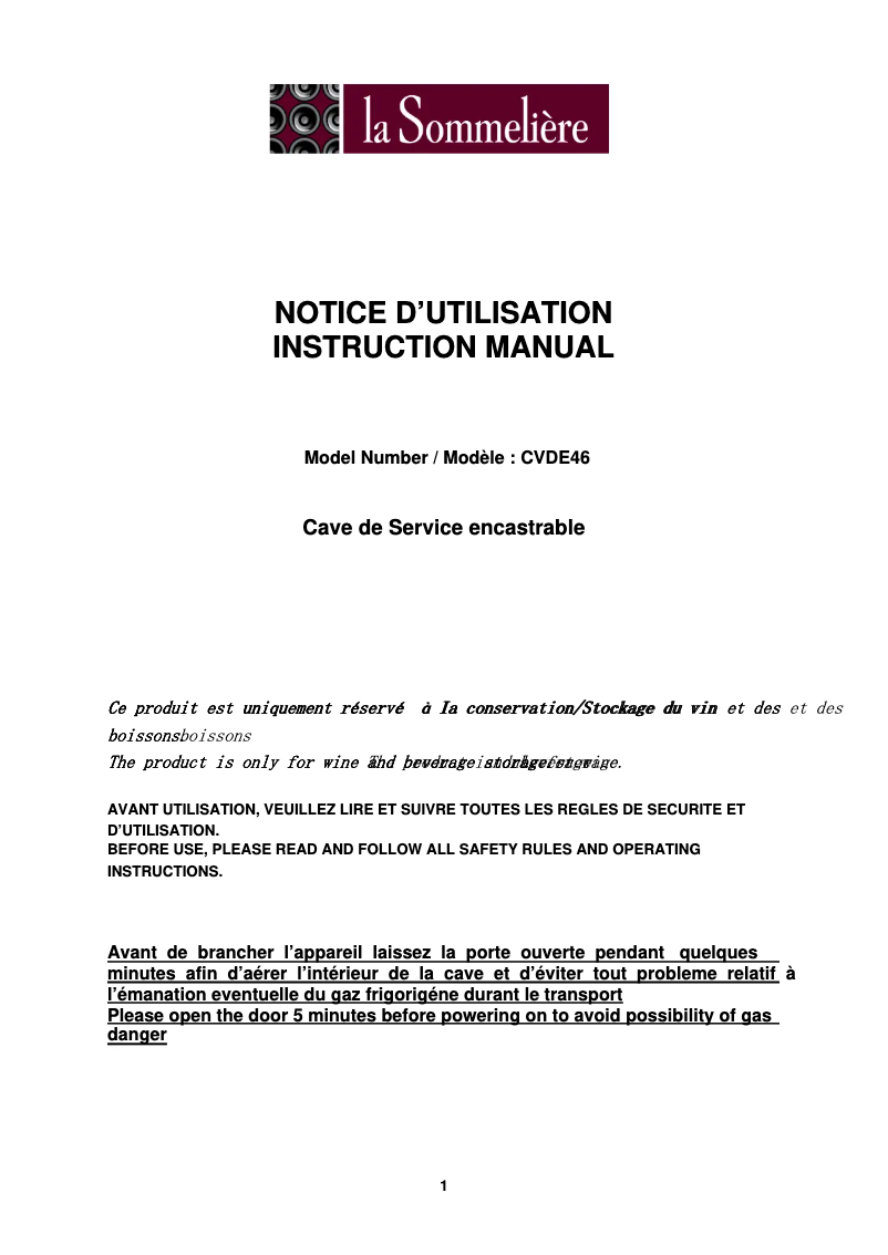Page 1 de la notice Manuel utilisateur La Sommelière CVDE46