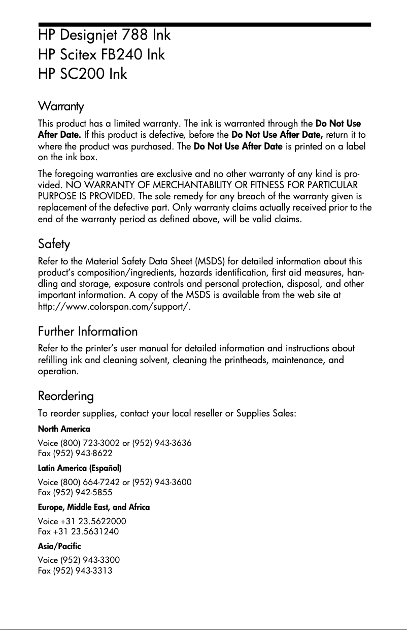 Page 1 de la notice Informations de garantie HP DesignJet H45000