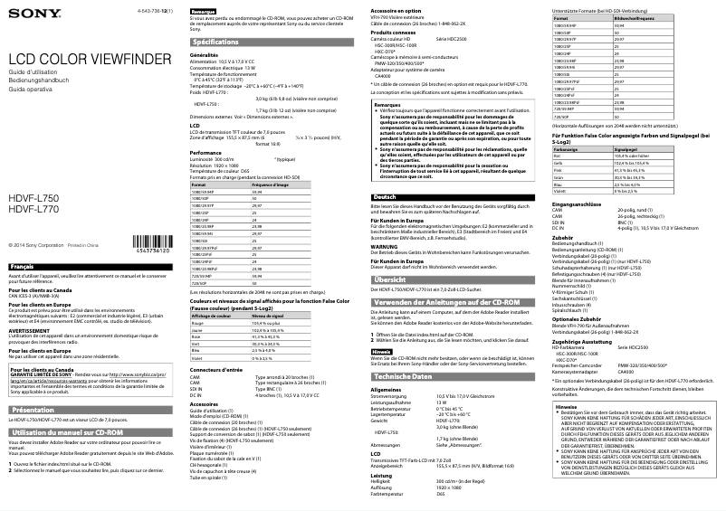 Page n°1 - Manuel utilisateur Sony HDVF-L750