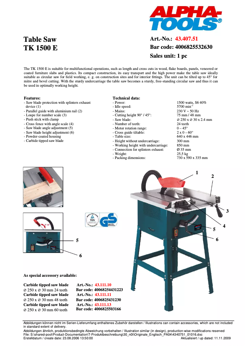 Página 1 del manual Manual de usuario Alpha Tools TK 1500 E