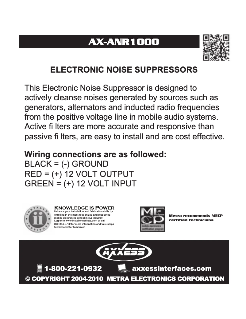 Page n°1 - Manuel utilisateur Metra Axxess AX-ANR1000