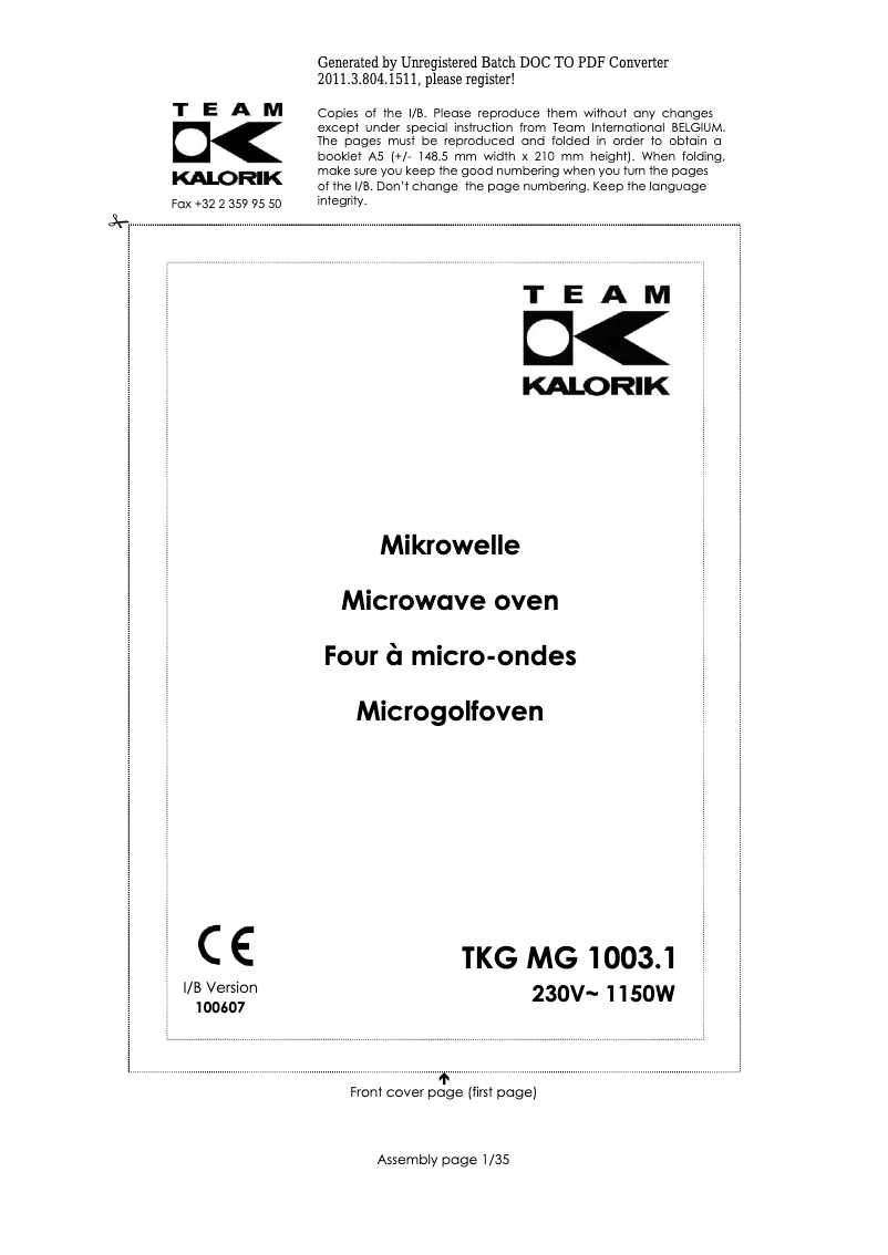 Page 1 de la notice Manuel utilisateur Kalorik TKG MG 1003.1