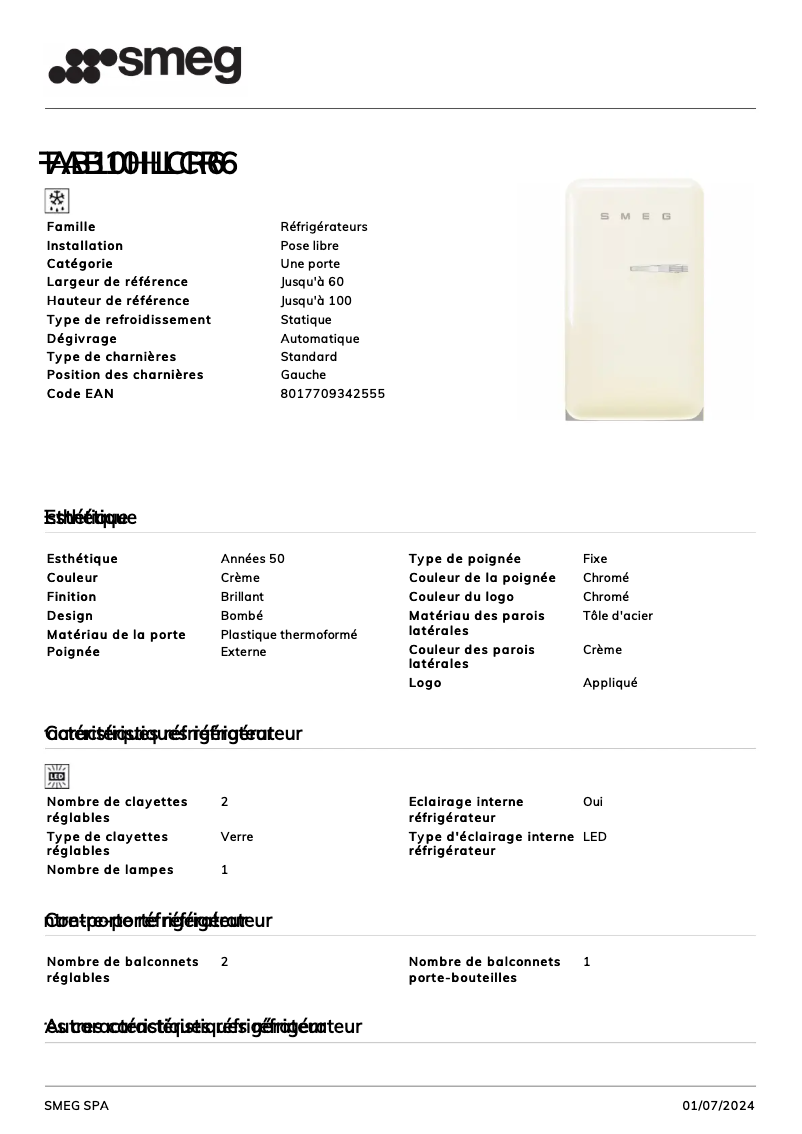 Page 1 de la notice Fiche technique Smeg FAB10HLCR6