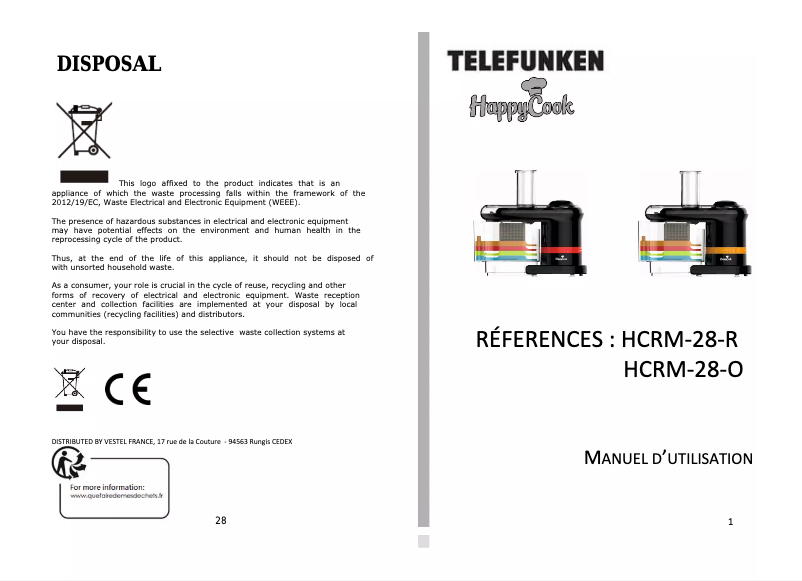 Page 1 de la notice Manuel utilisateur Telefunken HappyCook HCRM-28-O