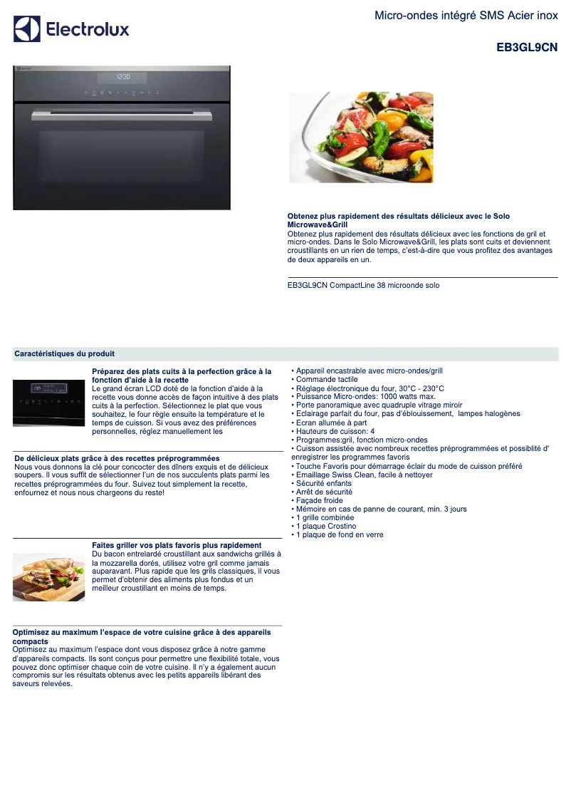 Page 1 de la notice Fiche technique Electrolux EB3GL9CN