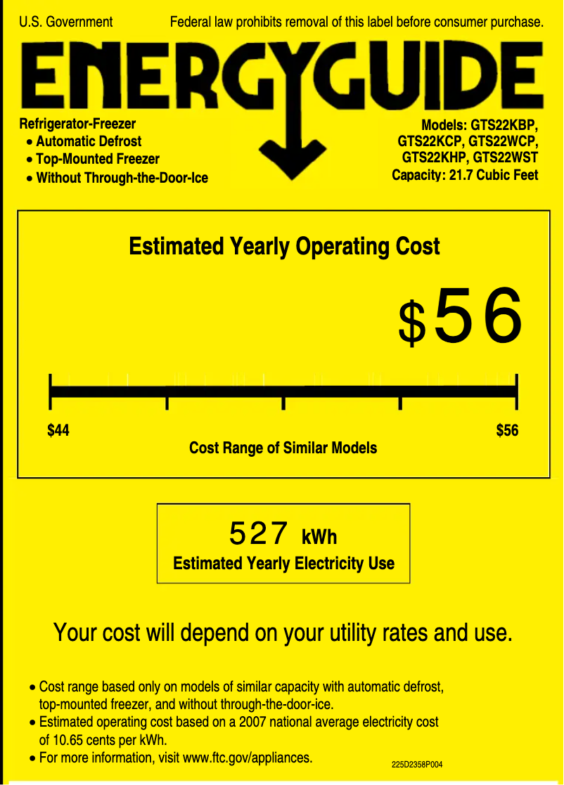 Page 1 de la notice Label énergétique GE GTS22KBPWW