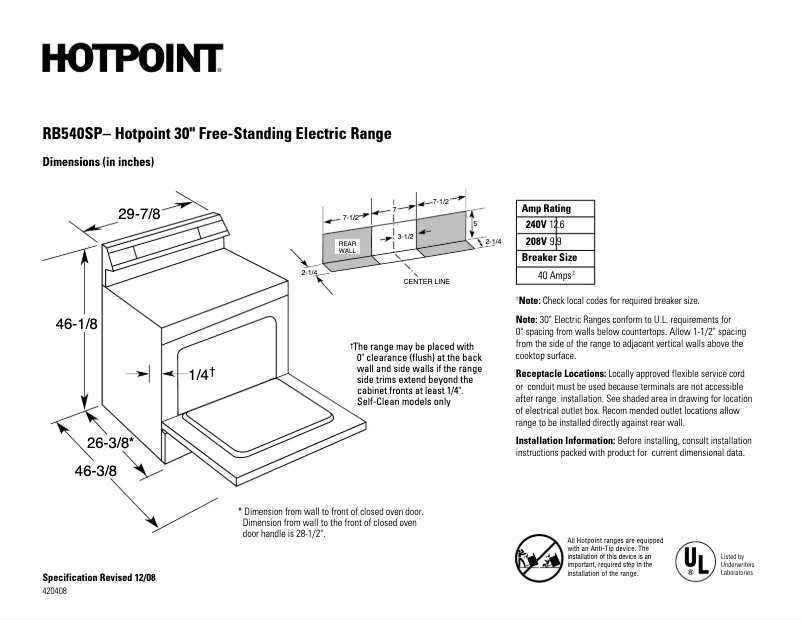 Page 1 de la notice Fiche technique Hotpoint RB540SPSA