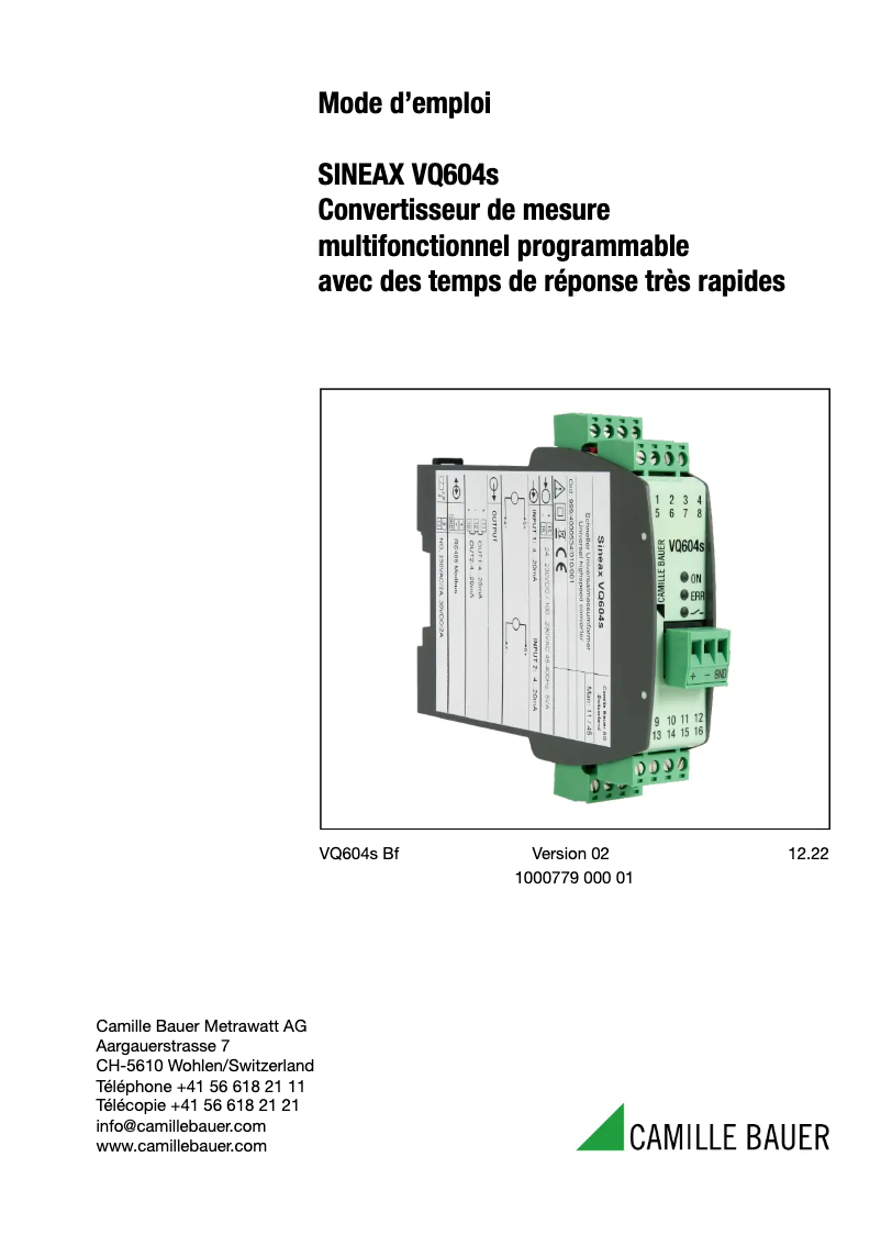 Page 1 de la notice Manuel utilisateur Camille Bauer SINEAX VQ604s