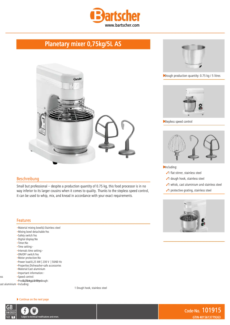 Page 1 de la notice Fiche technique Bartscher 101915