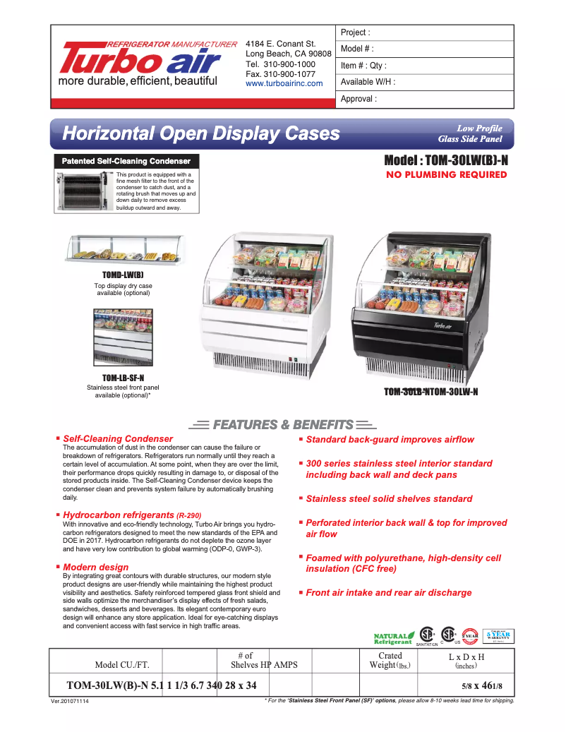 Page 1 de la notice Fiche technique Turbo air TOM-30L