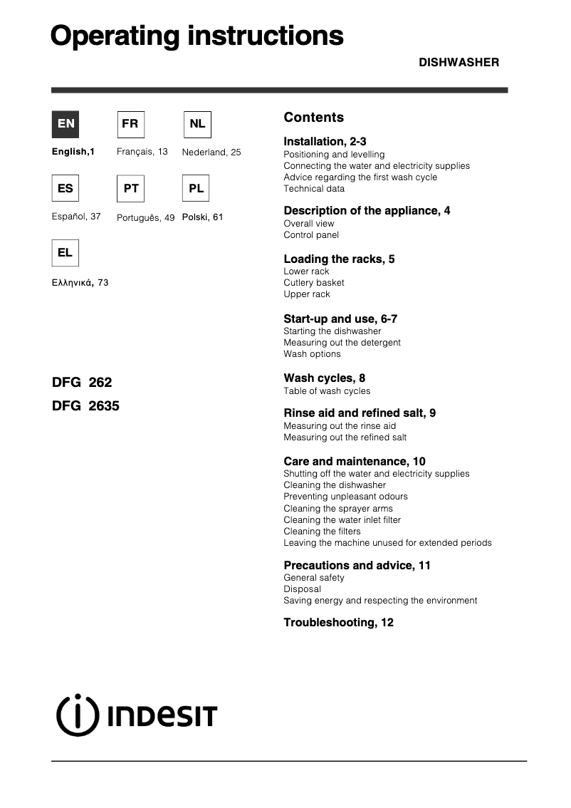 Page 1 de la notice Manuel utilisateur Indesit DFG 2635