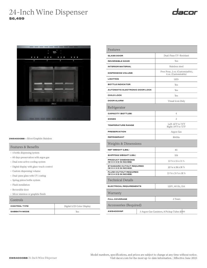 Page 1 de la notice Fiche technique Dacor DWS4000BB