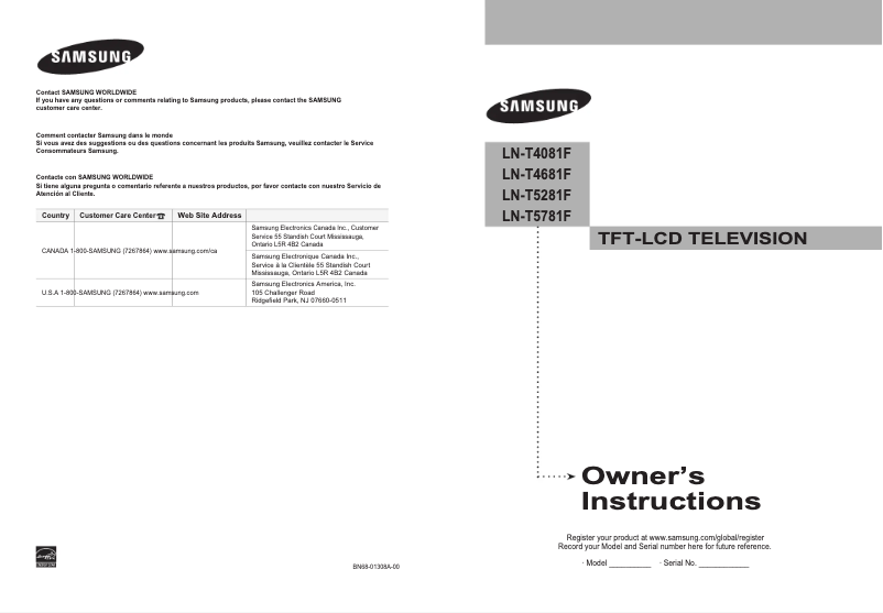 Page 1 de la notice Manuel utilisateur Samsung LN-T5781F