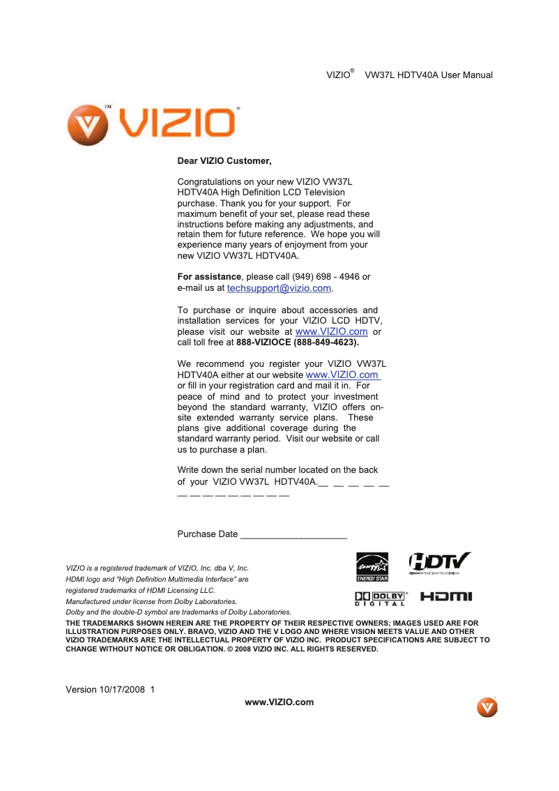 Page 1 de la notice Manuel utilisateur VIZIO VW37LHDTV40A