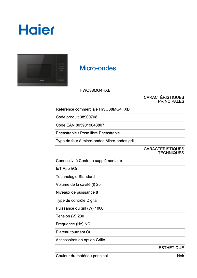 Page 1 de la notice Fiche technique Haier HWO38MG4HXB
