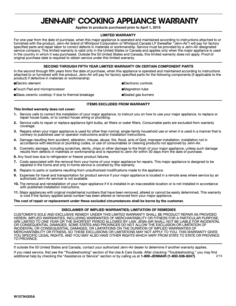 Page 1 de la notice Informations de garantie JennAir JJW2330WS