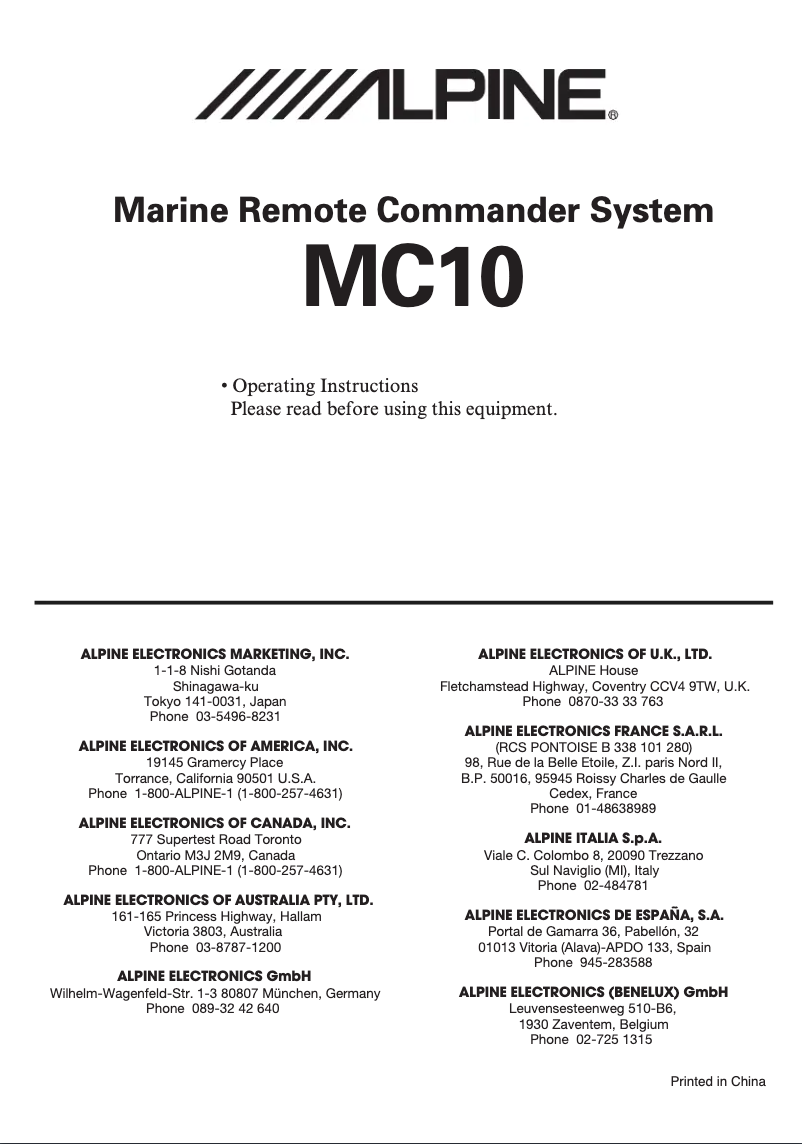 Page 1 de la notice Manuel utilisateur Alpine MC-10