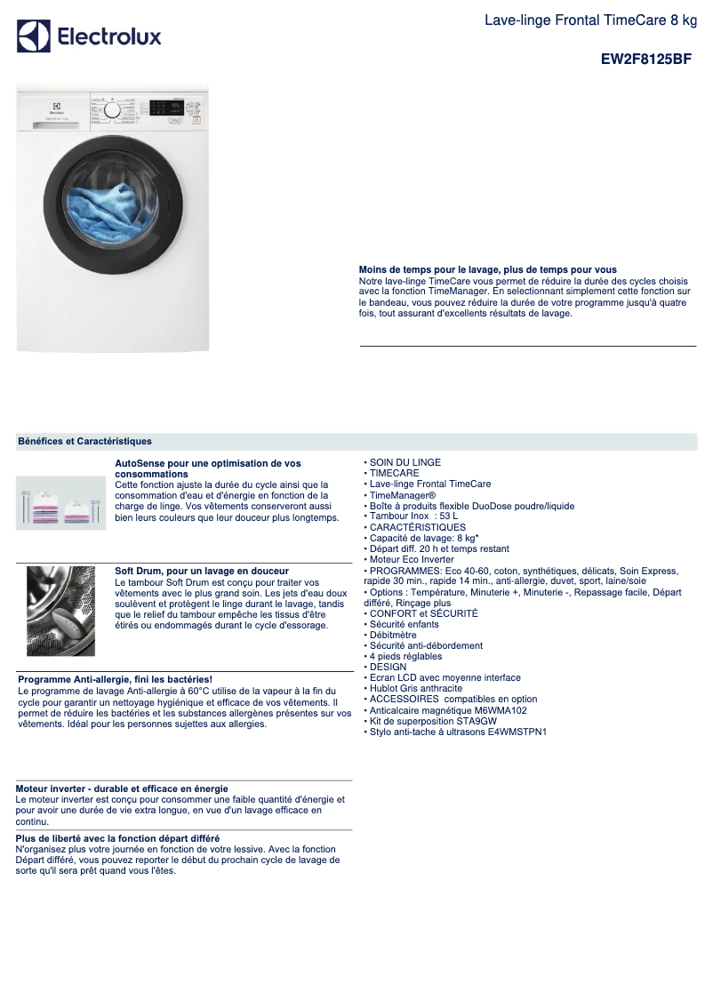 Page 1 de la notice Fiche technique Electrolux EW2F8125BF