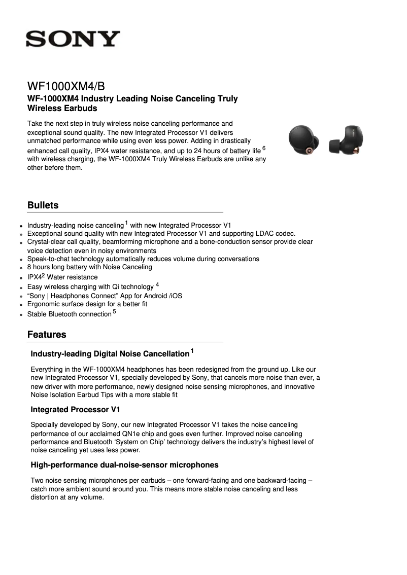 Page 1 de la notice Fiche technique Sony WF-1000XM4