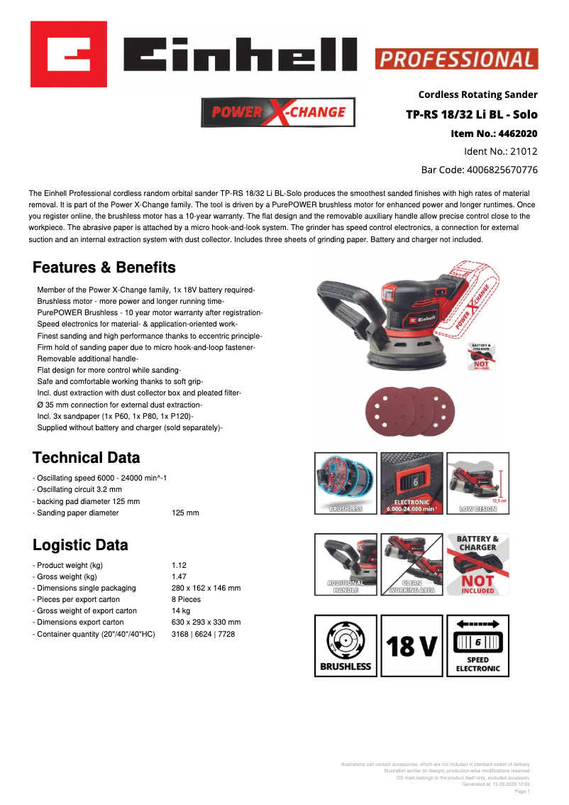 Page n°1 - Fiche technique Einhell TP-RS 18/32 Li BL