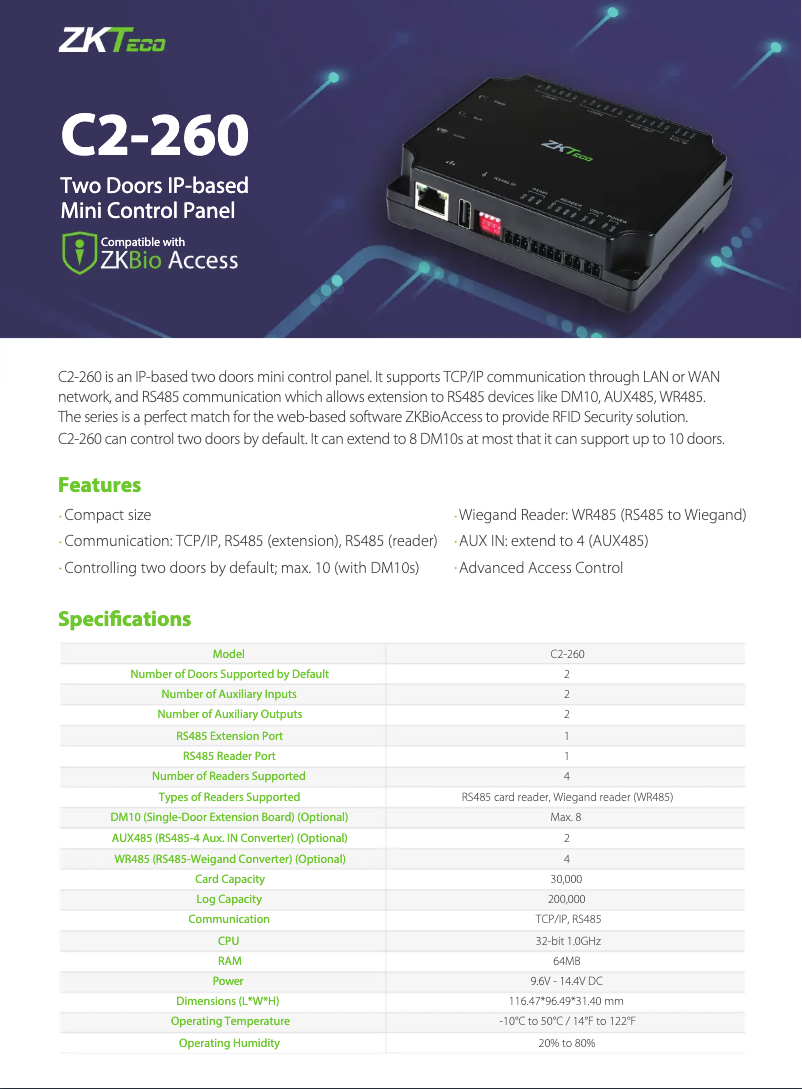 Page 1 de la notice Fiche technique ZKTeco C2-260