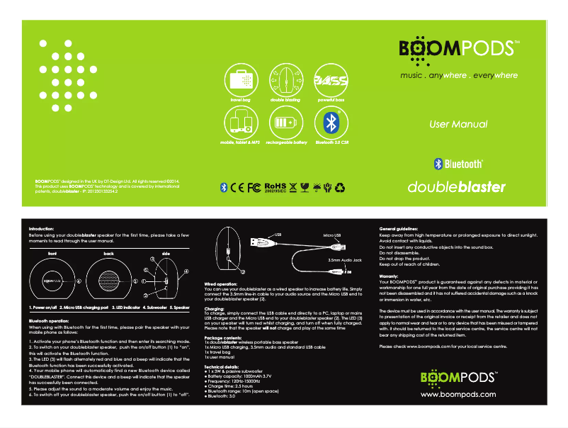 Page n°1 - Manuel utilisateur Boompods DBGRN