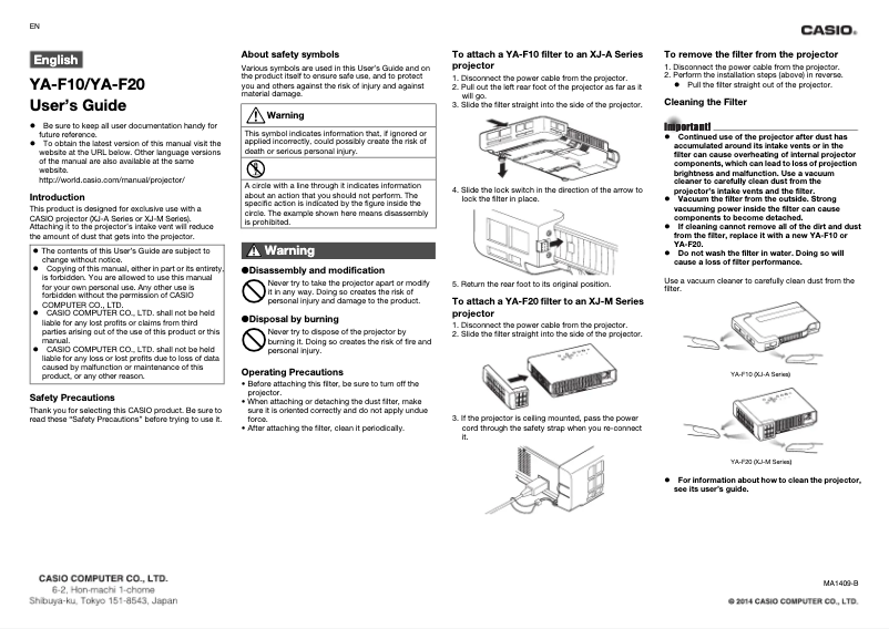 Page 1 de la notice Manuel utilisateur Casio YA-F20