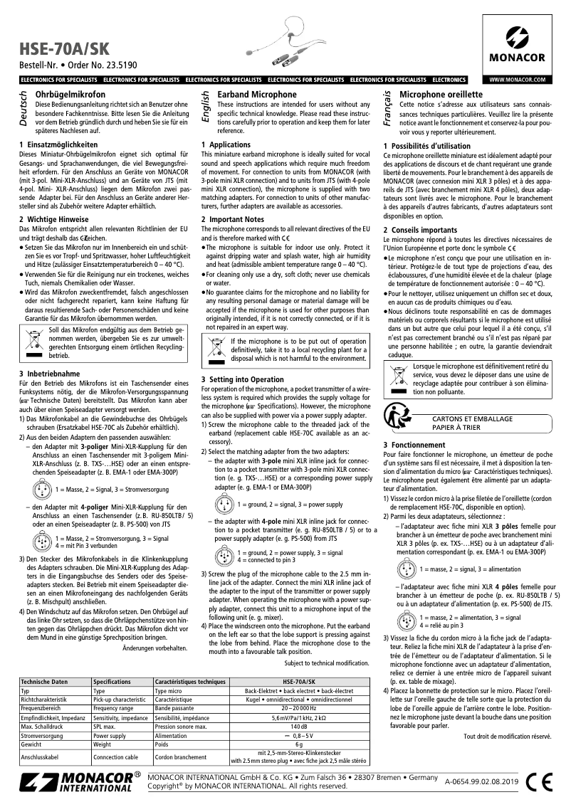 Page n°1 - Manuel utilisateur Monacor HSE-70A/SK