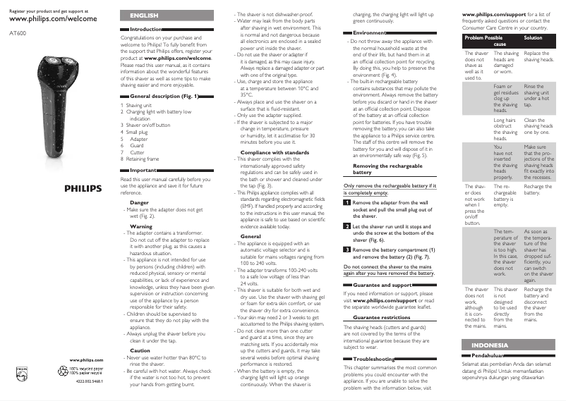 Page 1 de la notice Manuel utilisateur Philips AquaTouch AT600